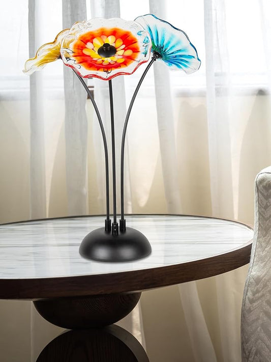 Dale Tiffany AS23098 Fiore Bloom Hand Blown Glass Flower Art Glass Sculpture with Metal Stand for Indoor Garden Patio Decoration, Multi Color, 3-Plate 22" Tall