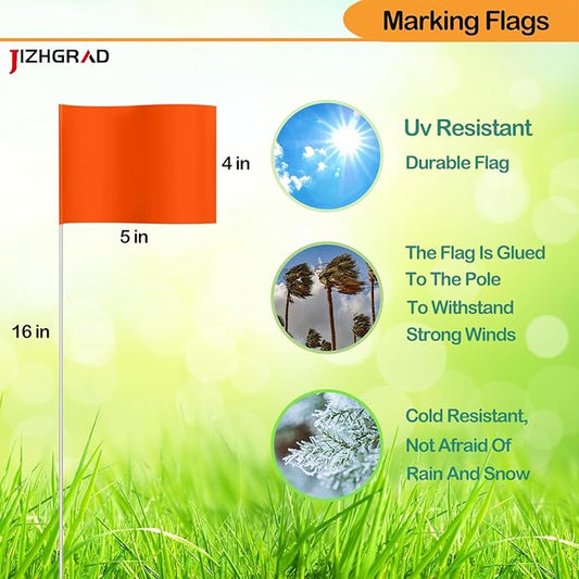 100Pack Orange Marking Flags, JIZHGRAD 16x4x5 Inch Marker Flags Use for Yard & Lawn, Boundary & Dog Training, Survey & Landscape, Sprinkler & Surveyor, Garden & Construction, High Visibility, Sturdy, Versatile, UV & Weather Resistant