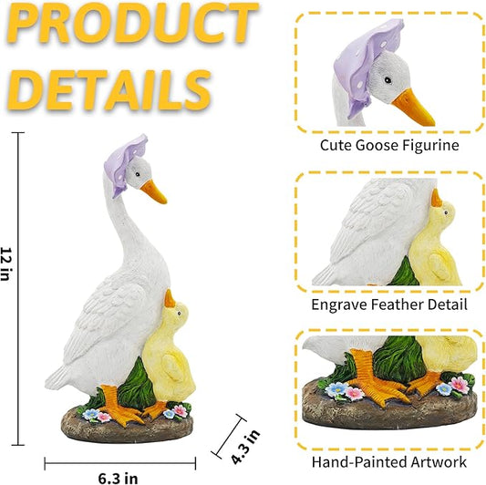 Goose Garden Statue for Outside: 12'' Funny Goose Yard Decorations for Outdoor Lawn Patio Porch Housewarming Birthday Gifts for Women (Mother-Baby Geese)