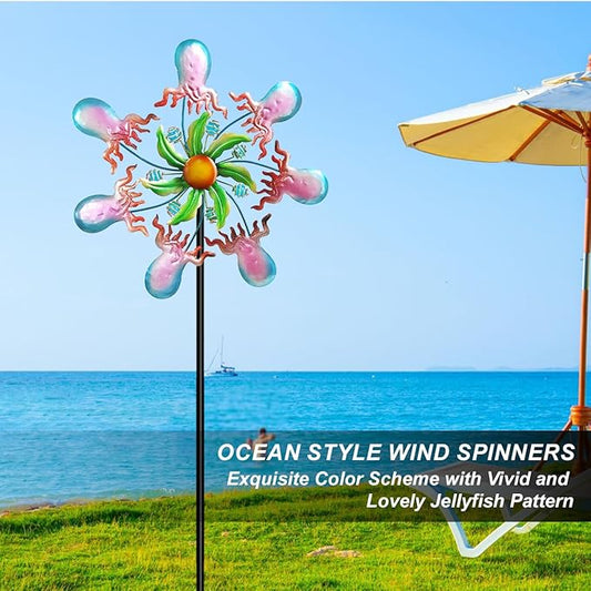 Jellyfish Wind Spinners - 39" Ocean-Themed Metal Wind Sculptures Garden Stake Art, 13.5” Windmill Yard Kinetic, Outdoor Decor for Patio & Lawn - Metal Beach Sculpture with Jellyfish Design