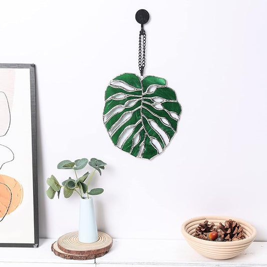 Tuitessine Monstera Stained Glass Suncatcher Window Decor,Tropical Leaf Hanging Ornament 7.5 x 6.5, Handmade Glass Panel for Home & Garden,Unique Birthday Gift for Plant Lovers