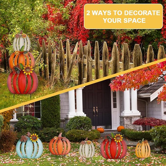 hogardeck Fall Decorations for Home Outdoor, 2 PCS 34" Decorative Garden Stakes with 6 Stacked Pumpkins for Fall Decor, Metal Yard Signs for Garden Home Lawn Patio Thanksgiving
