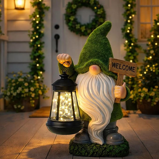 St Patrick’s Day Green Garden Gnome Statue with Solar Lantern Welcome Sign Outdoor Decor for Porch Lawn Patio Yard Holiday Decorations Housewarming Gifts for Women
