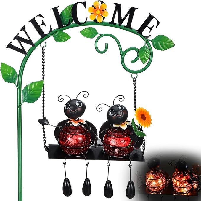 Glooglitter Ladybug Swing Solar Light Metal Summer Ladybug Hanging Animal Lady Bugs Live Garden Decorative Gift with Welcome Sign Waterproof Solar Outdoor Lights for Patio Balcony Pathway Lawn Yard