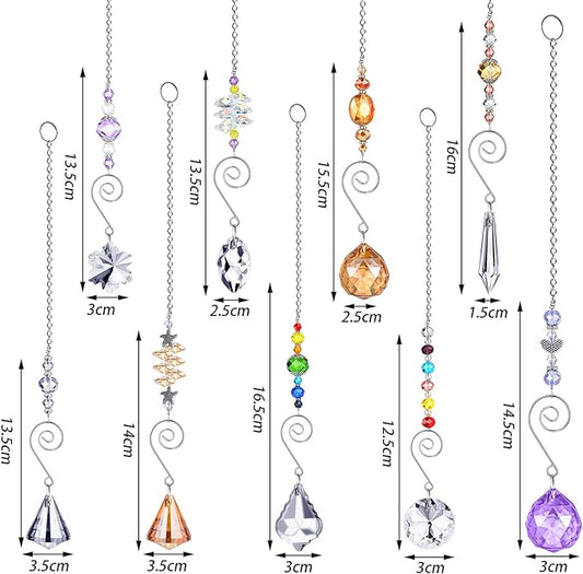 Hicarer 9 Pcs Crystal Suncatchers Hanging Catchers with Chain Colorful Glass Pendant Beads Chandelier Prism Ornament for Window Home Wall Cars Decor Wedding Birthday Anniversary Party Gifts