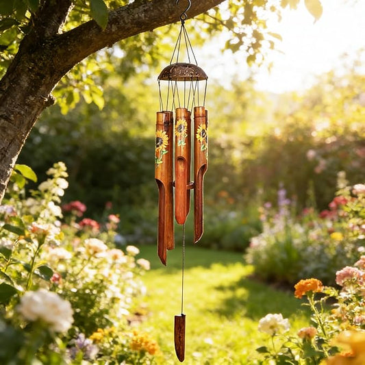 Afirst Bamboo Wind Chimes, 38" Sunflower Wooden Windchimes with Coconut Crown Valentine's Day Gift Handcrafted Memorial Sympathy Gift for Garden, Patio, Home or Outdoor Decor
