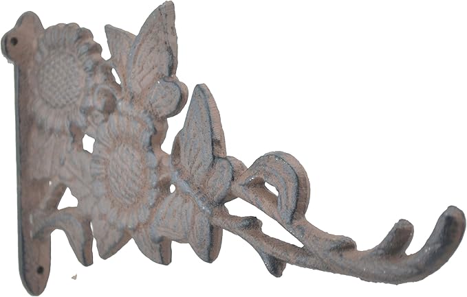 Butterflies & Sunflowers Decorative Brown Cast Iron Plant Hanger Hook 11.125" Deep Indoor or Outdoor