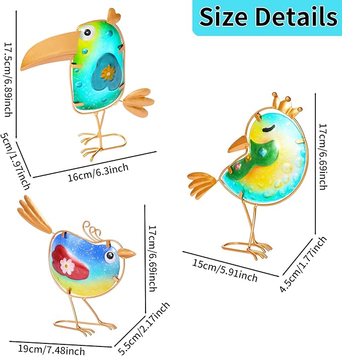 Stained Glass Bird Decor for Home, Metal Garden Decor for Outside, Spring Outdoor Art Decor for Garden, Patio, Porch and Front Yard, Home Blue Bird Figurines Decorations (3 PCS)