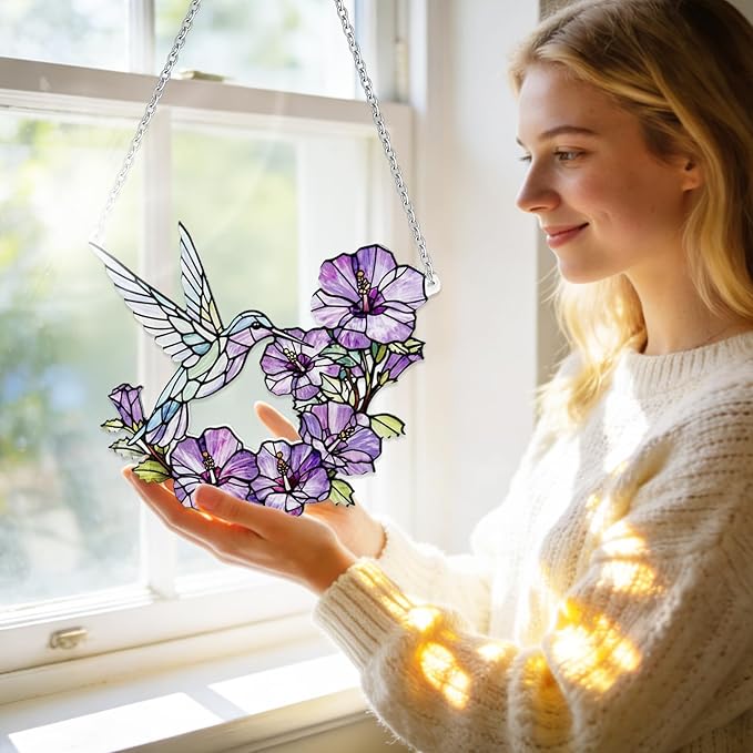 Stained Glass Sun Catchers Indoor Window, 8 in Hummingbird Suncatchers for Windows Hanging, Mother's Day Birthday Gifts for Women Men Mom Nana