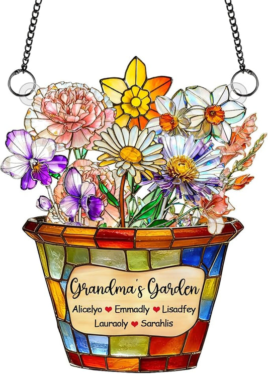 Personalized Grandmas Garden Stained Glass Acrylic Suncatchers, Custom Name Birth Month Flowers Window Hanging Ornament, Mothers Day Christmas Birthday Gifts for Grandma Mom Nana Mimi (Style 07)