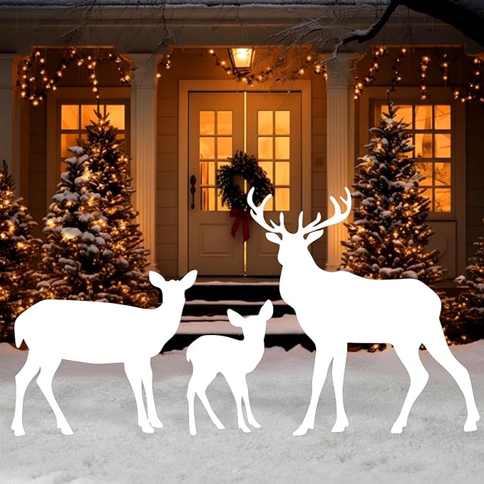 3-Piece Deer Family Silhouette Set 47 Inch Christmas Reindeer Yard Decoration Outdoor Weather-Resistant PVC Xmas Deer Outside Decor for Lawn Garden Pathway Display with 6 Ground Stakes