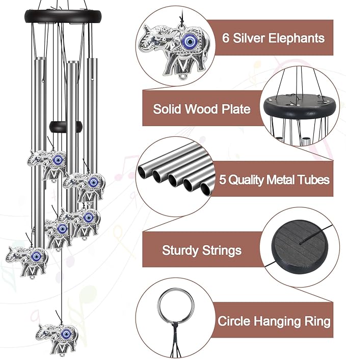 Angel Wind Chimes for Outside, Elephant Gifts for Women, Outdoor/Indoor Decorations for Patio, Porch, Garden Decor, and Backyard (Evil Eye Elephant)