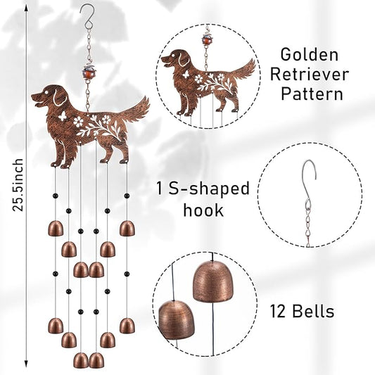Cinnvoice 24 Inch Metal Wind Chimes Decor for Outside Garden Birthday Gift for Women Men Bronze Windchimes Pet Memorial Gift with 12 Bell for Patio Yard Lawn Housewarming Front Yard(Golden Retriever)