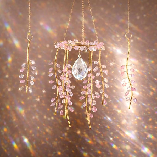 3 Pcs Crystal Suncatchers for Window Boho Decor, Green Plants Artificial Hanging Wind Chime Sun Catchers with Chain Rainbow for Indoor OutdoorDecor Plant Lover Gift (Pink)