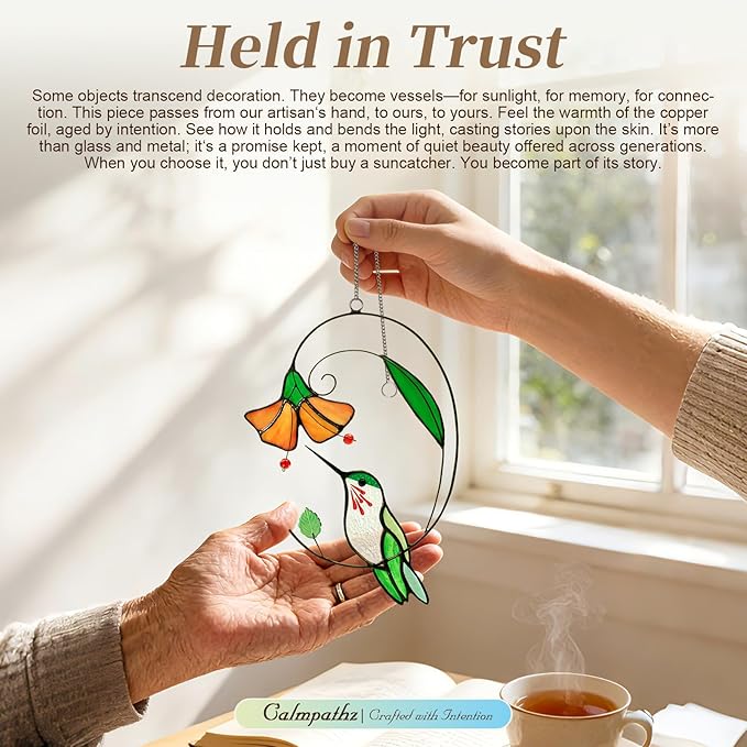 Handmade Tiffany Copper Foil Stained Glass Hummingbird Suncatcher – Colorful Window Hanging Ornament with Flowers, Gift for Grandma, Women, Bird Lovers, Home Decor