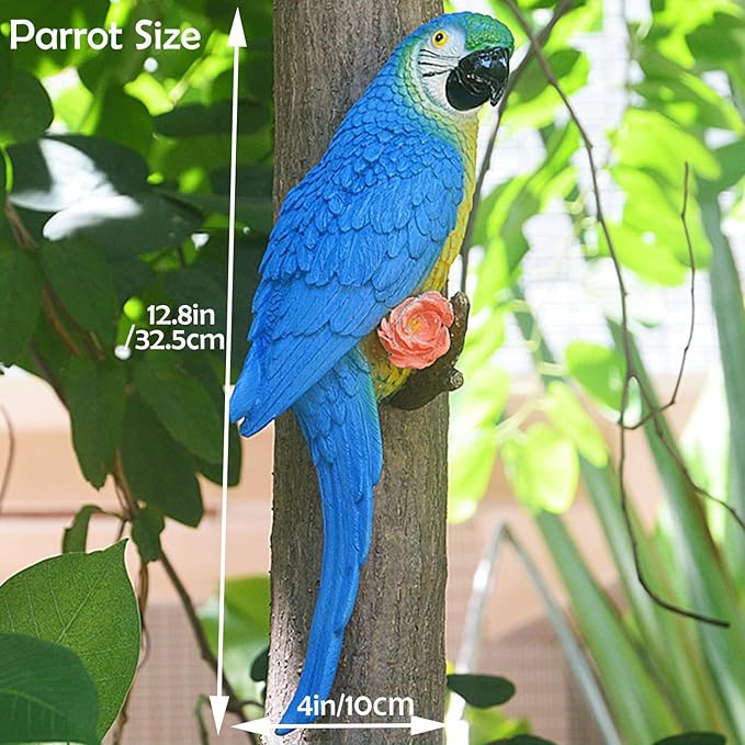 Parrot Decor Outdoor Tiki Bar Decorations for Outside Patio, Large Realistic Parrot Statue for Pool Garden Yard Lawn, Lifelike Hawaiian Tropical Bird Sculpture for Plam Tree Decor(Blue)