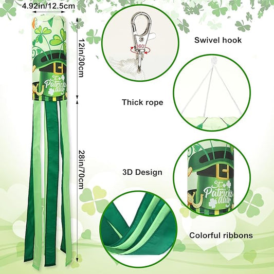 NOVWANG 2 Pieces St. Patrick's Day Windsock, 40 Inch Green Shamrock Outdoor Hanging Decorative for Balcony, Yard, Lawn, Patio, Garden