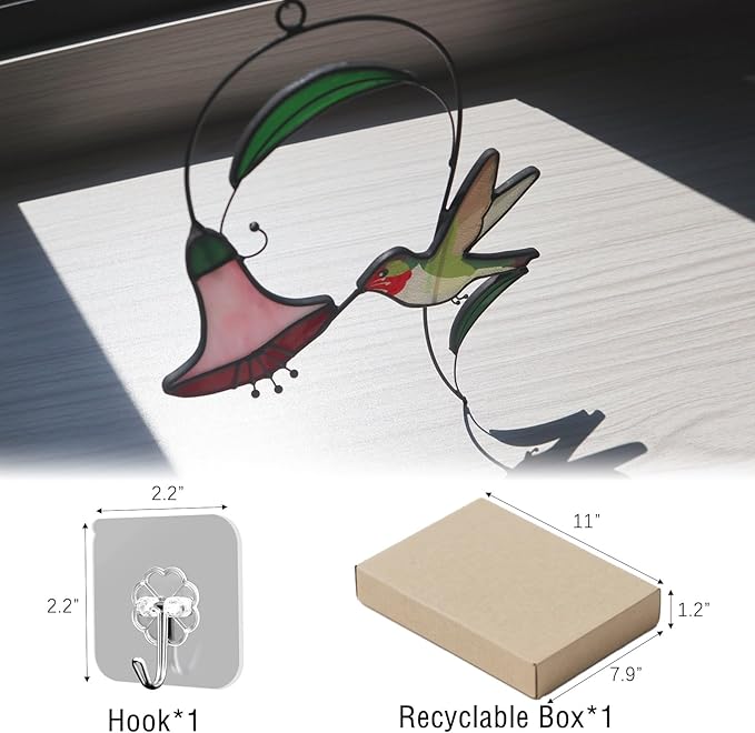 Handmade Stained Glass Window Hanging Hummingbird Decor, Sun Catchers Indoor Window Art, Suncatchers for Windows Hanging, Mother's Day Hummingbird Gifts for Women Mom Grandma Bird Lovers