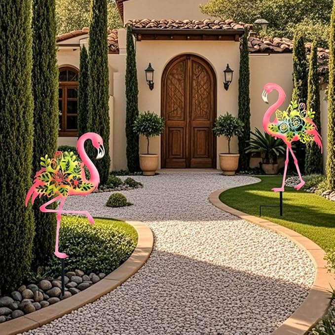 Pink Flamingo Garden Statue - 20.5 inch Hand Flamingo Painted Metal Patio Art, Outdoor Decorative Stake Flamingo Statue for Lawn, Patio, Porch and Backyard, Gifts for Ladies (B Style 2 Pack)