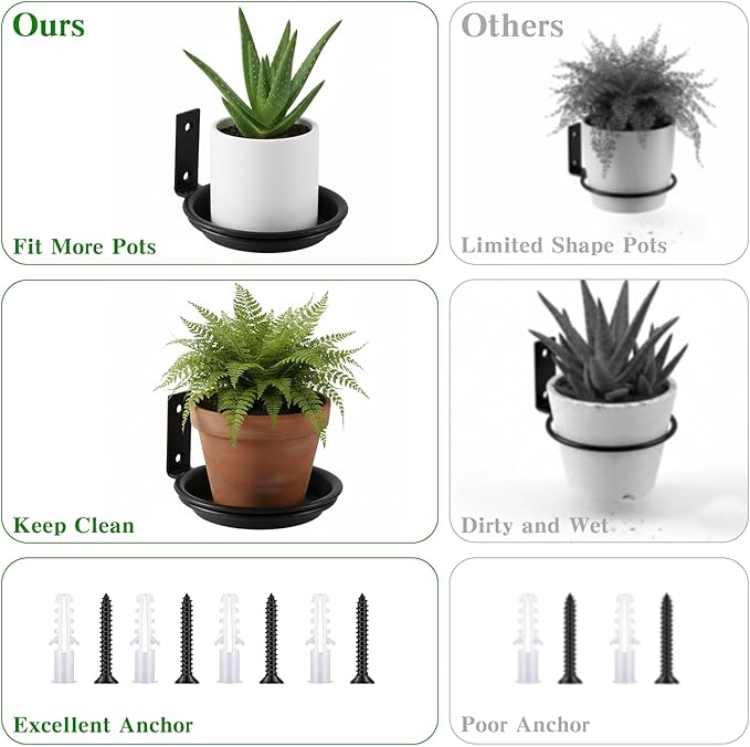 6 Pack 4'' Wall Mount Plant Holder with 8 Replaceable Trays, Heavy Duty Metal Flower Pot Holder Ring, Plant Hanger for Wall Indoor, Ring Planter Bracket for Outside Outdoor Bird Feeder Bath