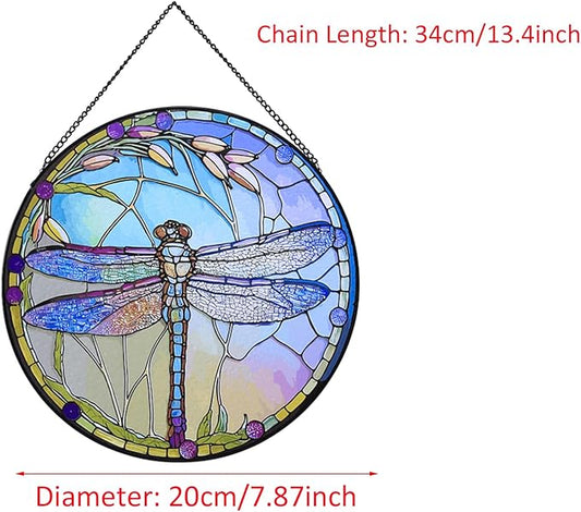 Stained Glass Window Hanging,20cm/7.87inch Dragonfly Hand-Painted Sun Catcher Garden Hangings Christmas Mother's Day, Valentine's Day Ornaments Festival Gift (C Style)