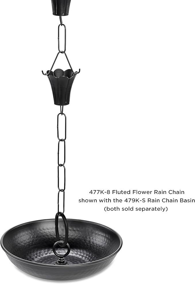 Fluted Flower Black Aluminum 8.5 ft. Rain Chain with Gutter Installation Clip by Good Directions