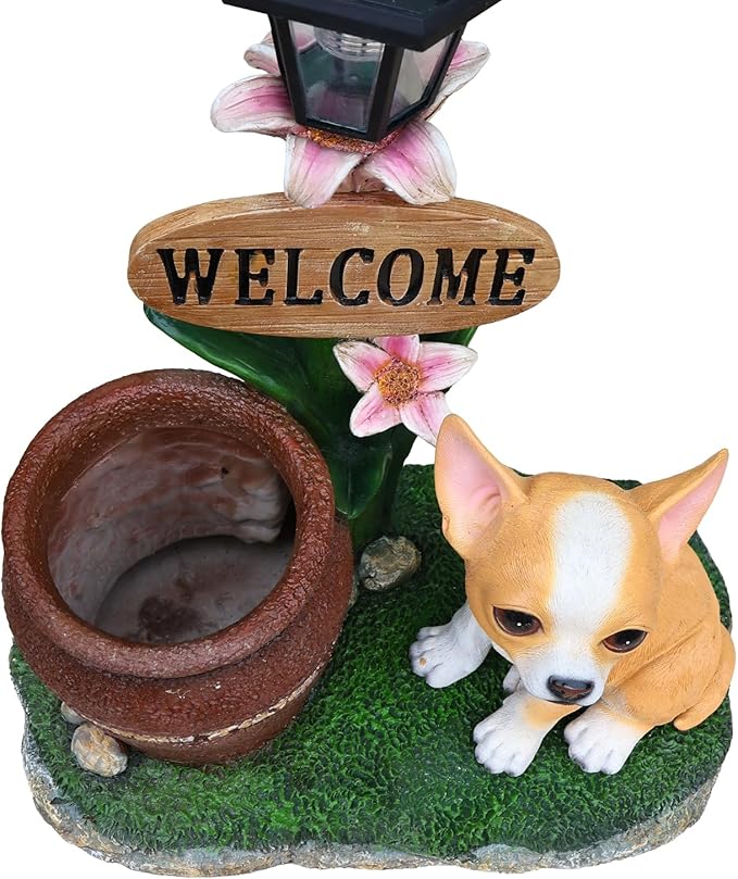 Solar Light Animal Outdoor Statue Planter with Welcome Sign, Resin Garden Sculpture Flower Pot for Patio Lawn Porch Yard Courtyard Decor, Weather-Resistant Decorative Figurine Accent (O)