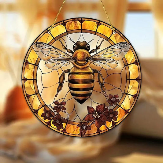 7.9inch Bee Suncatcher for Window Hanging,Floral Acrylic Suncatcher with Chain Window Decor for Home,Indoor, Garden, Housewarming Round Ornament, Gift for Women Friend