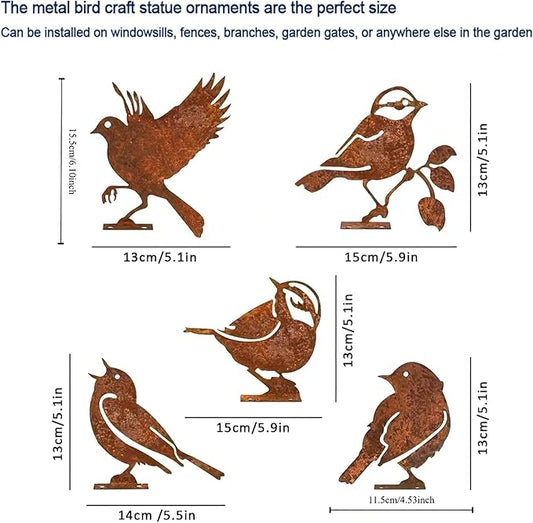 5PCS Rusty Metal Birds Decoration, Outdoor Fence Yard Decor, Metal Bird Art, Fence Decorations Outdoor, Rustic Garden Decor, Garden Sculptures Statues, Lawn Ornaments (Wren)