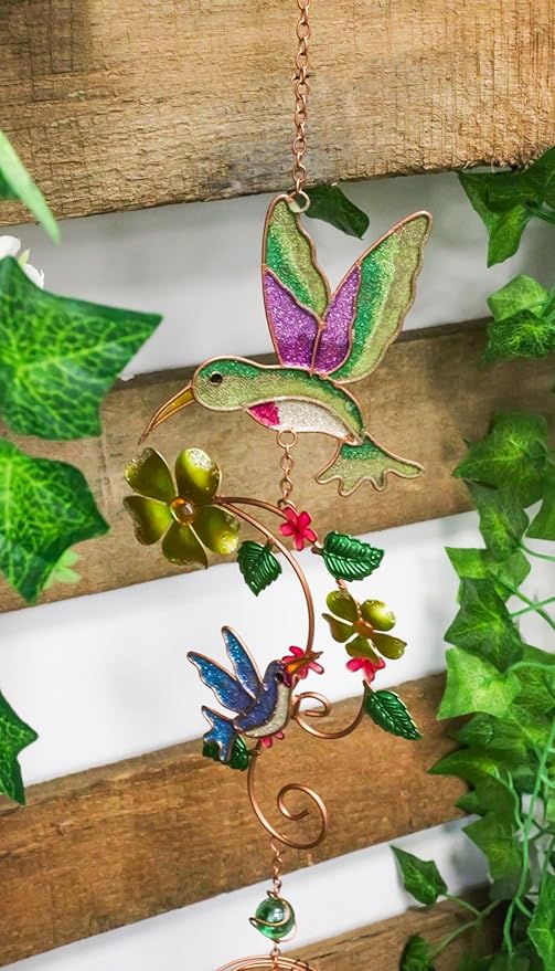 Ebros Gift Birds of Nature Hummingbird Hovering Nectar Flowers Art Glass Gemstones and Metal Resonant Wind Chime 32" High Copper Rods Hanging Mobile Home Patio Garden Decor