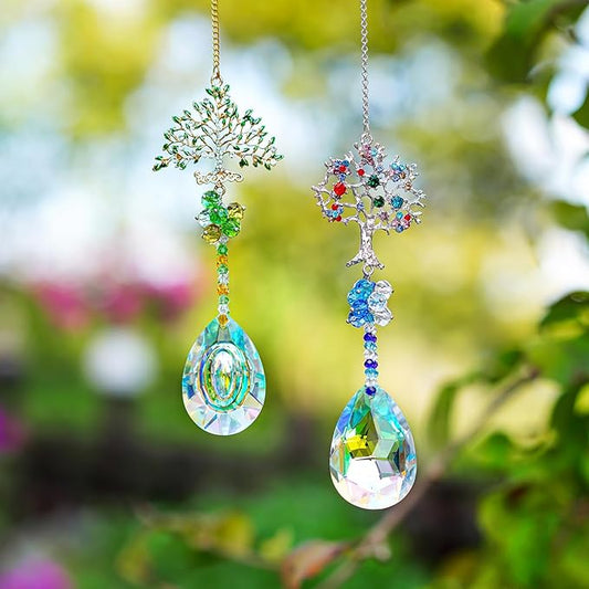 Crystal Suncatchers Window Crystals Hanging Suncatcher Colorful Glass Beads Chain Wind Chimes for Garden Outdoor Pendant Home Decor Gifts (2Pack- Tree of Life)