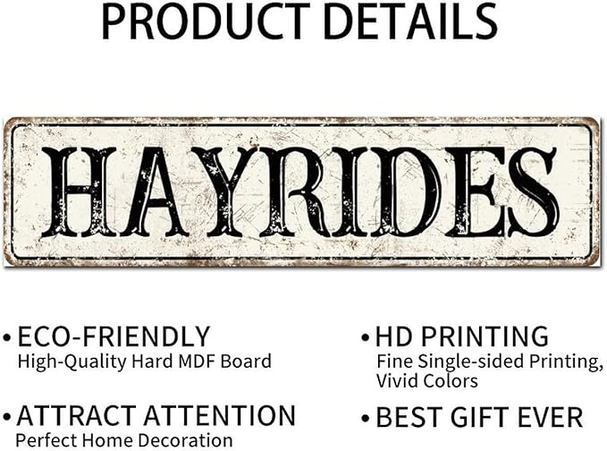 Madcolitote Retro Hay Rides Wood Sign Hay Rides Custom Street Sign Rustic Wooden Wall Art Farmhouse Wall Decor Kitchen Wall Hanger Retro Decoration Sign Housewarming Gift 6x24in
