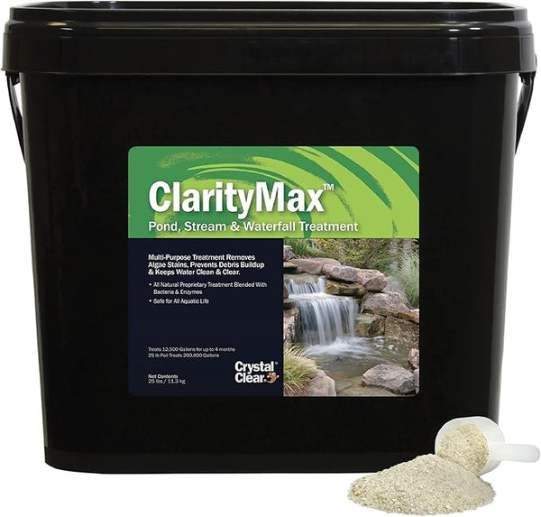 CrystalClear ClarityMax, All-in-One Pond Clarifier Treatment, All-Natural Beneficial Microbes & Enzymes Provide Max Clarity, Koi Fish & Pet Safe, Algae Stain Remover, Crystal Clear Water Garden 25 LB