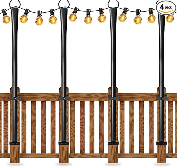 4 Pack String Light Poles for Deck, 5Ft Heavy-Duty Metal Deck Light Poles for Outside with Fixing Clips, Lighting Hanging Post Accessories for Patio Decor Garden Backyard Yard Fence Porch Decorations