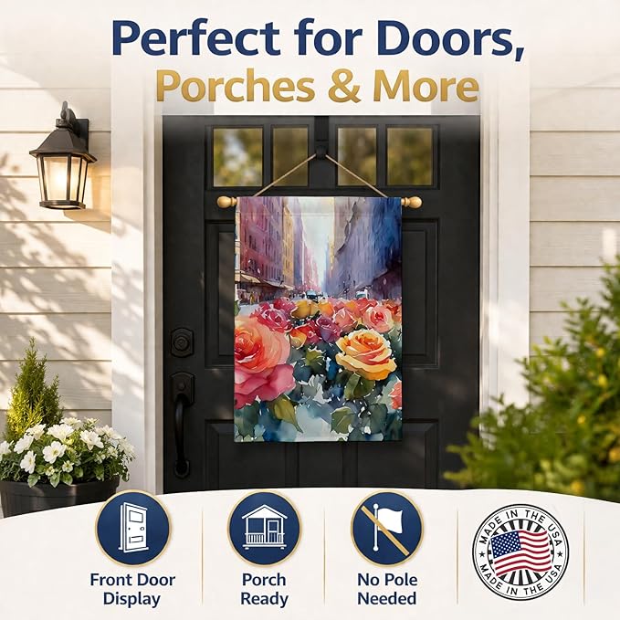 Caroline's Treasures New York Roses in Watercolor House Flag Large Porch Sleeve Pole Decorative Outside Yard Banner Artwork Wall Hanging, Polyester, House Size, Multicolor