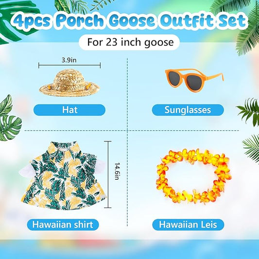 Hawaiian Porch Goose Outfits, 23" Goose Statue Hawaiian Costume Summer Porch Goose Outfits, Durable Hawaii Skirt Lawn Goose Clothes with Hat Glasses, Outdoor Yard Patio Garden Holiday Decor