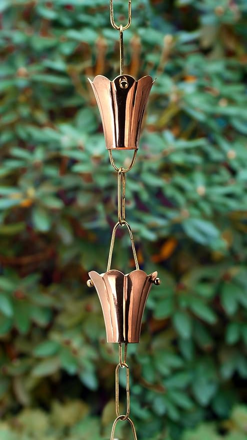 Fluted Flower Pure Copper 8.5 ft. Rain Chain by Good Directions