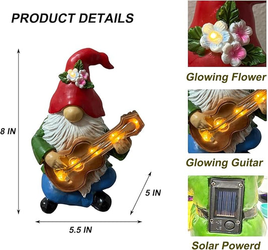Solar Garden Gnome Figurine with Light Up Guitar - 8" Hippie Outdoor Statue with Lights, Resin Garden Decor | Funny Lawn Ornament & Garden Gift