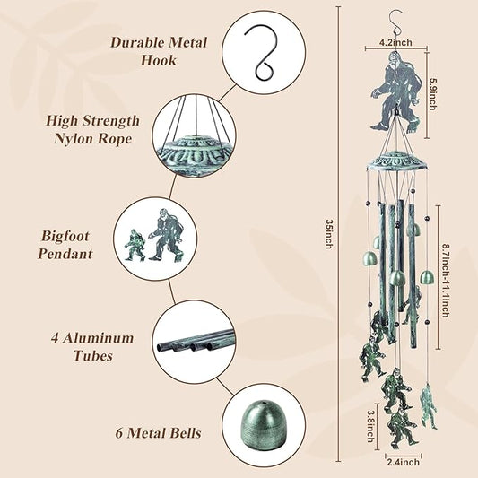 Wind Chimes for Outside Bigfoot, Metal Bigfoot Wind Chimes with 6 Chimes and 4 Aluminium Tubes, Sasquatch Gifts for Outside Home Lawn Porch Patio Garden Decor, Yard Decoration(Vintage Green) 