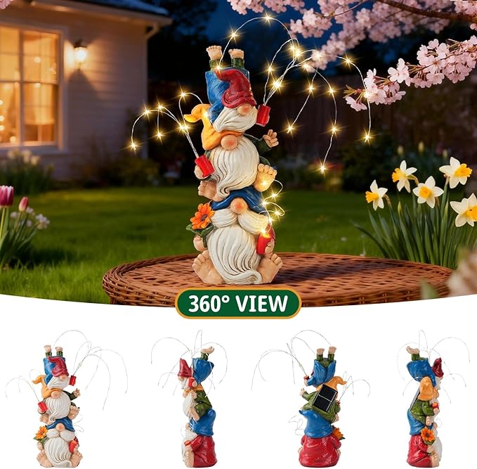 Gnomes Decorations for Yard, Triple Stacked with DIY Firework Lights, Solar Garden Gnome Outdoor Decor Statue for Patio Lawn, Mothers Day Birthday Gift for Mom Grandma (11.5in)