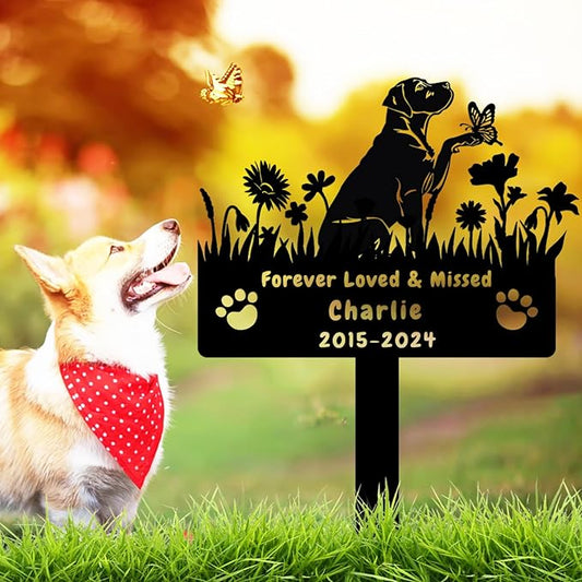 Custom Labrador Dog Memorial Grave Marker,Personalized Metal Flora Dog Memorial Stake,Dog Memorial Plaque Burial Stake Engraved Sign,Sympathy Grave Stake for Lost Dog,Dog Statue Headstone