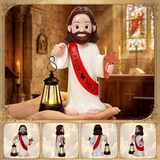 Capoda Solar Jesus Figurine 8 Inch, He is Risen Easter Statue with Glowing Lantern, Jesus Loves You Christian Resin Outdoor Garden Statue Decor, Religious Easter Gifts(Cross,Red)