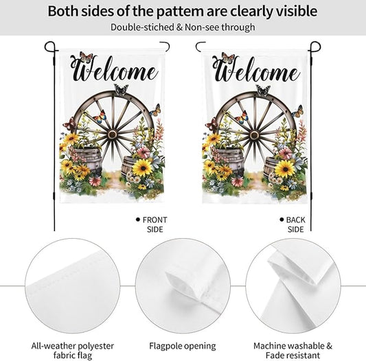 Wagon Wheel With Flowers Butterflies Garden Flags 12×18 Inch Double Sided Decorative Yard Banner Seasonal Flag for Outdoor Outside Decor