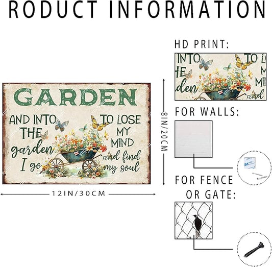 snowsun Vintage Metal Signs And Into The Garden I Go to Lose My Mind Funny Tin Sign Wall Decor for Yard Garden Street Farm Fence Gate Door 8×12 Inches