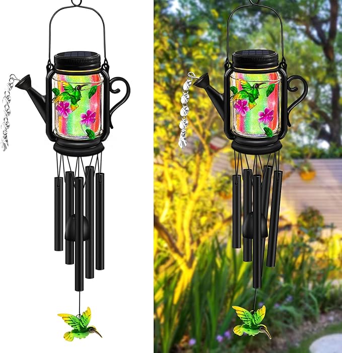 Solar Hummingbird Wind Chimes for Outside - Gifts for Mom Women Grandma,Solar Mason Jar Watering Can Hummingbird Light Unique Hanging Wind Chimes Outdoor,Yard Garden Terrace Courtyard