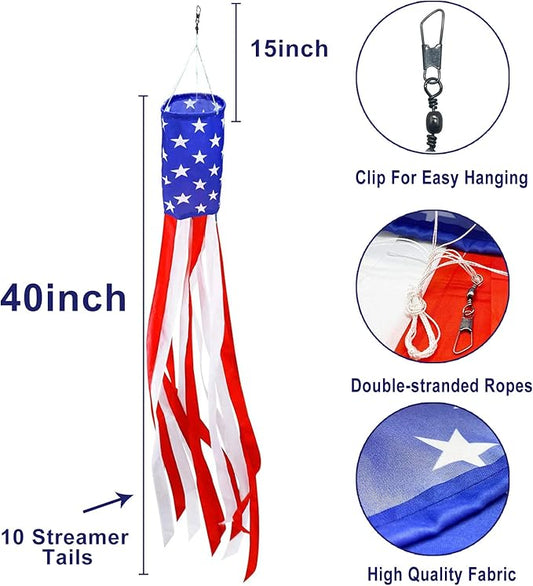 4th of July Patriotic Decorations, 2 Pack 40 Inch American Flag Windsock 250th Anniversary USA Red White Blue Stars & Stripes Wind Socks for Outside Presidents Day Memorial Day Independence Day Decor