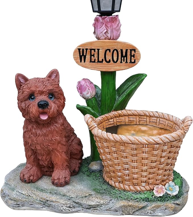 20" Solar Cairn Terrier Garden Statue with Welcome Sign & Planter - Large Dog Sculpture with LED Street Lantern - Weatherproof Resin Decorative Flower Pot for Porch, Yard & Patio - Pet Lover Gift