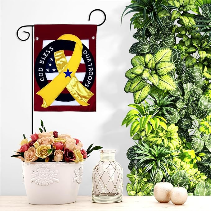 God Bless Our Troops Flag Backyard Wall Hanging Decor Canvas Home Armed Forces American Support Yellow Ribbon Yard Sign Embroidered Tapestry USA Deployed Poster Military Decorations Veteran Gift