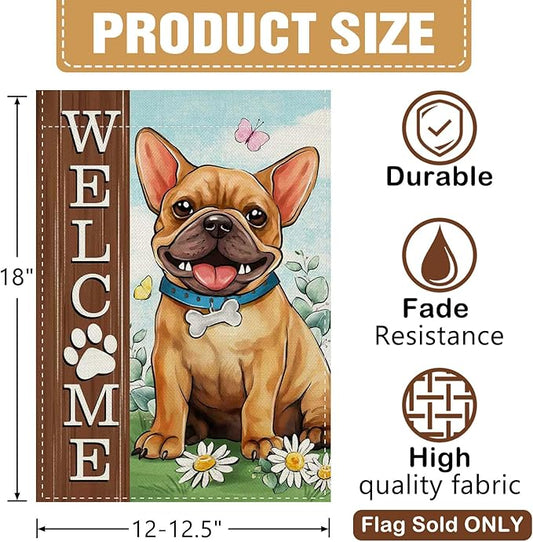 Dyrenson Welcome French Bulldog Dog Decorative Garden Flag, Paw Print Yard Outside Home Decorations Pet Lover Gifts, Spring Summer Burlap Outdoor Small Decor Double Sided 12 x 18