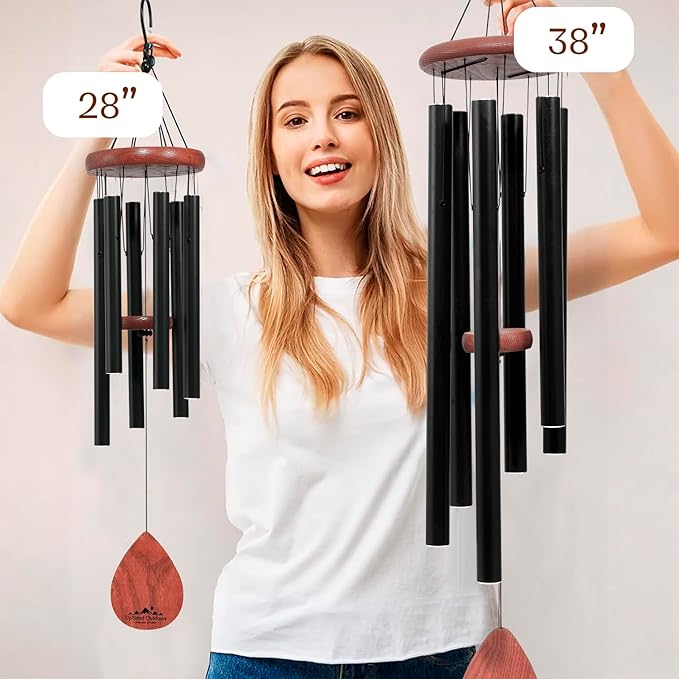 UpBlend Wind Chimes for Outside Gift – Deep Tone Wind Chime with Decorative Stone – Porch & Patio Decor, Elegant Outdoor Ornament, Garden Gifts. 28” Black.